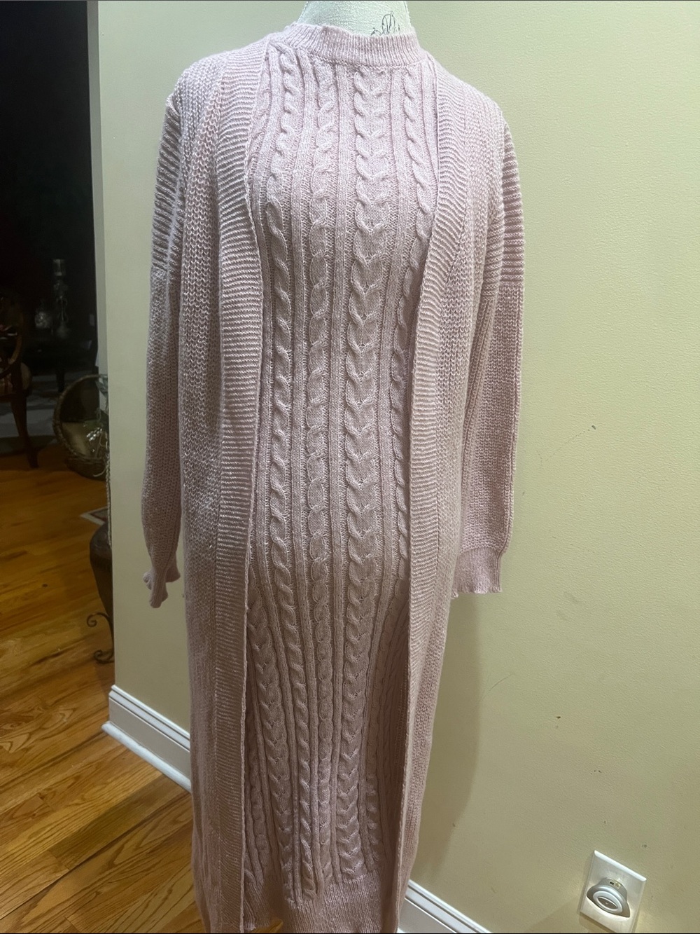Cable Knit Long Cardigan Sweater Dress - Blush Pink